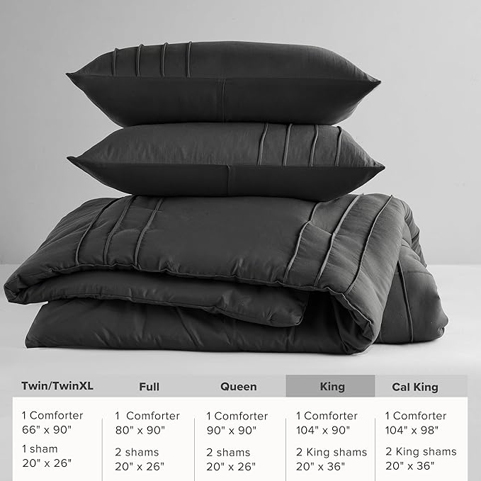 Comfort Spaces Black King Size Comforter Set - 3-Piece Pintuck Pleated Bedding Set, All Season Lightweight, Extra Soft Pre-Washed Microfiber, Shams