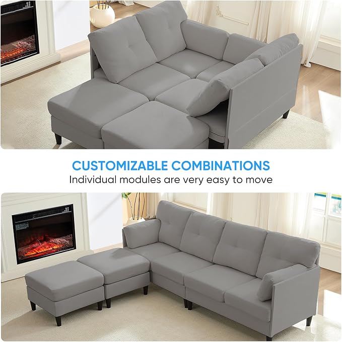 PUREMIND Sectional Home Sofa Living Room, Modern U-Shaped Sofa Couches with Double Chaise, Upholstered 4 Seater Sofa for Living Room, Apartment, Light Grey