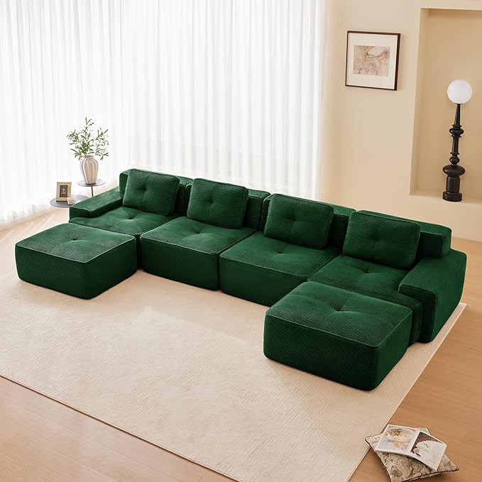 Green Ottoman for Modular Sectional Sofa, Corduroy Deep Seat for Oversized Compressed Boneless Sectional Couches for Living Room Bedroom Apartment, Cloud Sofa Couch, Memory Foam, No Assembly