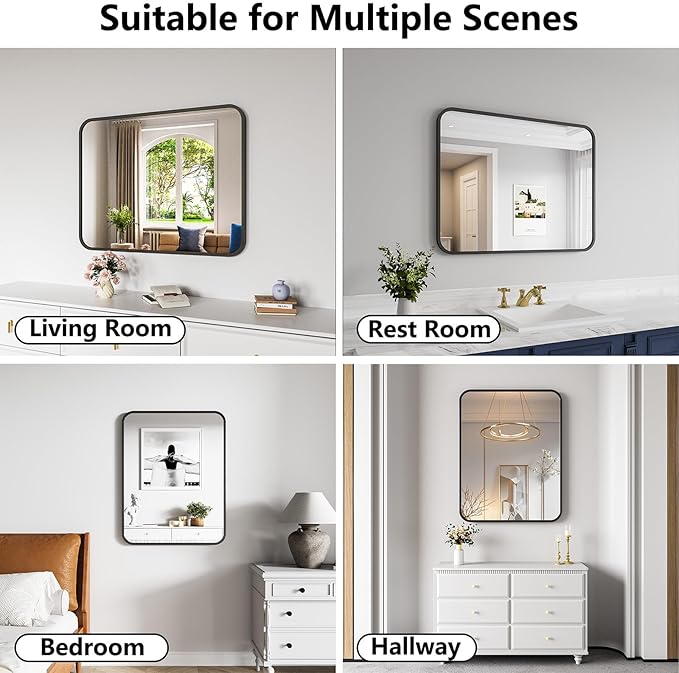Koonmi Bathroom Mirror, 28X36 Brushed Black Rectangle Wall Mirror, HD Tempered Glass, Anti-Rust Frame Vanity Mirror, Rounded Rectangle Mirror for Restroom, Bedroom, Hangs Horizontal or Vertical