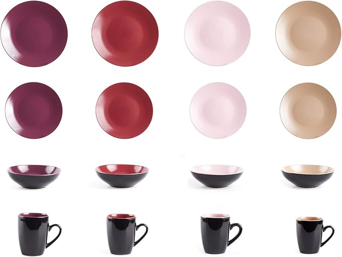 Colors Life 16pc Dinnerware Set，Very Berry - 4 Assorted Colors Beige, Berry, Plum, and Rose