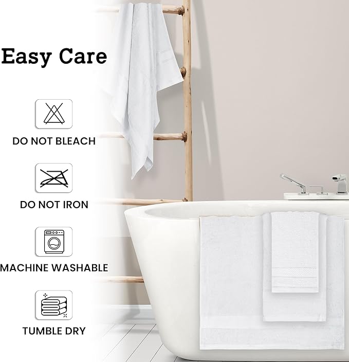 Casa Lino Bath Towel Set of 8 (2 Bath Towels, 4 Wash Cloths & 2 Hand Towels for Bathroom) - 100% Cotton - Highly Absorbent & Quick Dry - Guest Room Essentials for Bathroom Set - (White)