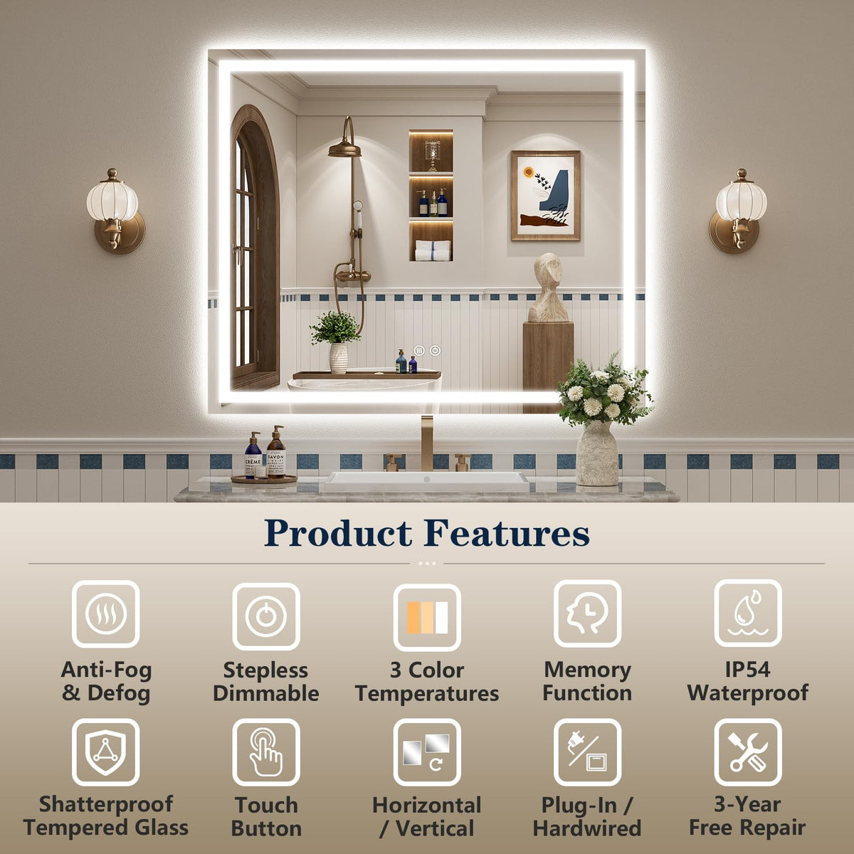 VEEYLOS 48x32 Inch LED Bathroom Mirror with Lights, Backlit & Front Lit