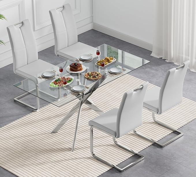 Modern Glass Dining Table Set for 4, Silver Glass Kitchen Table and Chairs Set of 4, 5 Piece Dining Room Table Set with 61" Rectangular Metal Glass Dinner Table and 4 Grey Leather Dining Chairs