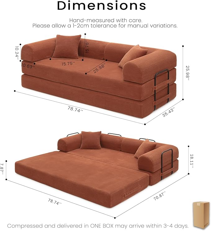 Compression Sofa - 79'' Convertible Sofa Bed, Boneless Couch in a Box, Modular Corduroy Foldable Sleeper Sofa with 2 Pillows, Loveseat Couches for Living Room (Corduroy Fabric, Orange)