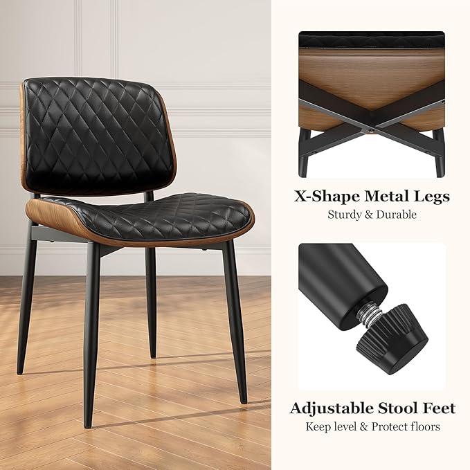 Dining Chairs Set of 6, Mid-Century Modern Upholstered PU Leather Chairs with Walnut Back and Metal Legs Adjustable Feet for Kitchen Dining Room, Black Diamond Plaid