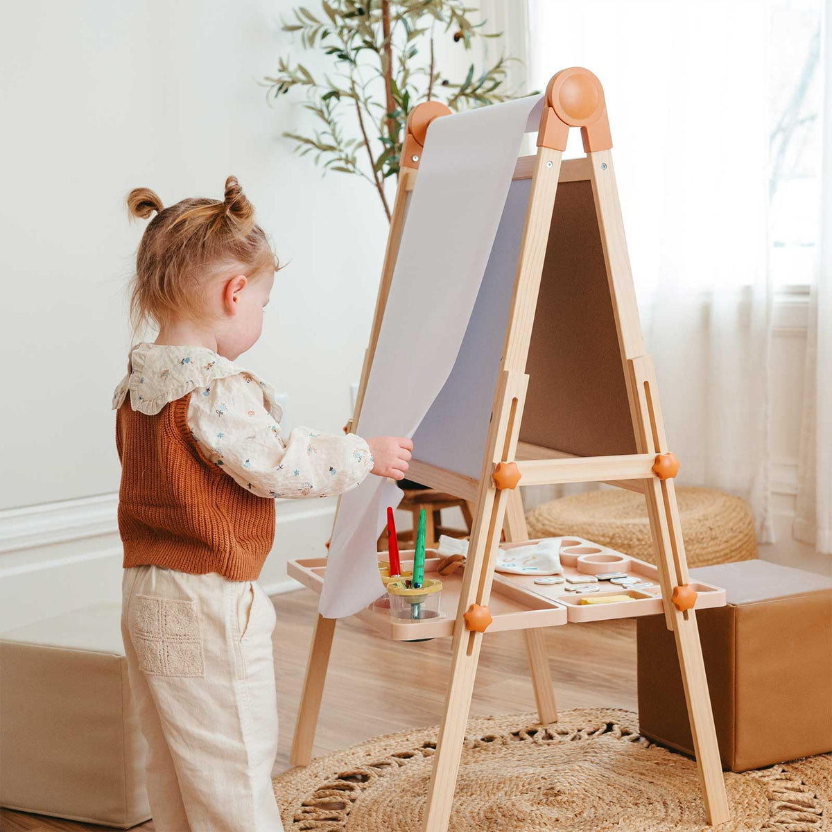 Tiny Land Foldable Wooden Art Easel for Kids, with Chalkboard & Whiteboard