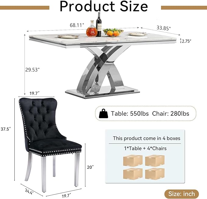Goujxcy 5-Piece Dining Table Set Modern Faux Marble Dining Table Set for 4, Luxury 68" Long Faux Marble Kitchen Table with 4 Velvet Upholstered Chairs, Mirrored Stainless Steel Base