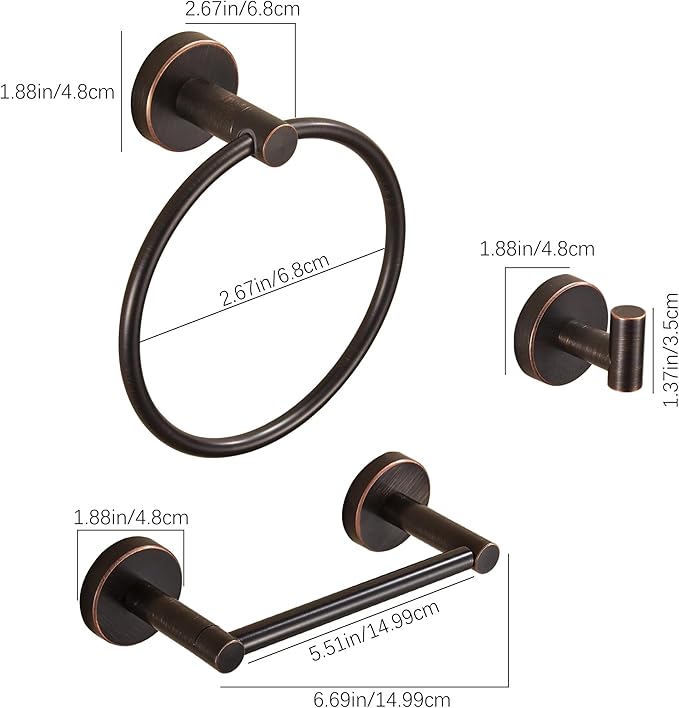 Bronze Bathroom Hardware Set, Oil Rubbed Bronze Toilet Paper Holder Towel Ring Robe Hooks Wall Mount Hand Towel Holder Bath Accessories Stainless Steel, 3 Pieces