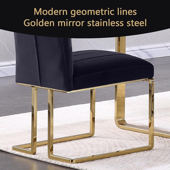 AUZ Dining Chairs, Black and Gold Velvet Upholstered Dining Room Chairs, Modern Luxury High Back Kitchen Chairs with Polished Gold Sled Legs, Set of 2