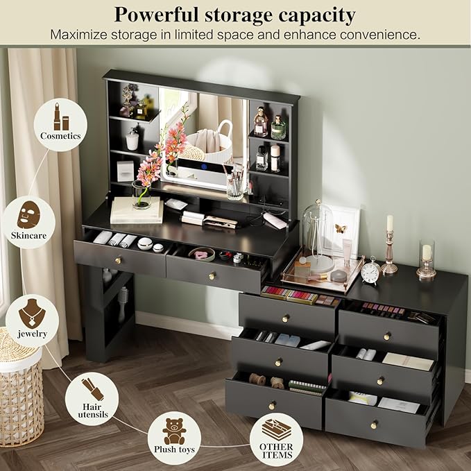 Makeup Vanity Desk with Mirror and Lights, Vanity Desk with 8 Drawers & Storage Shelves, Vanity Table with Power Outlet, 3 Color Modes & Adjustable Brightness Dressing Table, Bedroom,Black