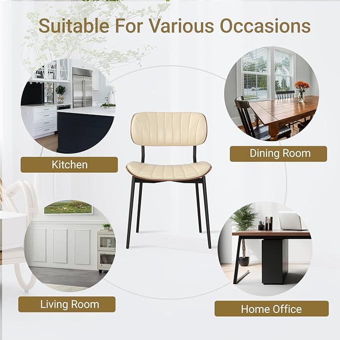 Mid Century Modern Dining Chairs Set of 4,Upholstered Faux Leather Kitchen Chairs with Walnut Bentwood Back and Metal Legs for Kitchen Dining Room Living Room, Beige