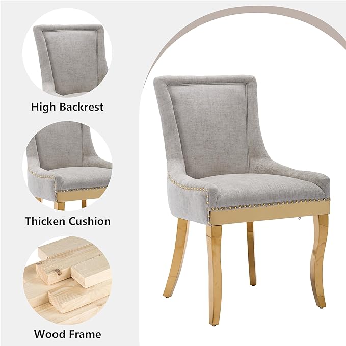 Luxury Fabirc Upholstered Dining Chairs Set of 4,Neutral Chenille Kitchen Room Chair with Nailhead Trim,4 Piece Modern Side Chairs for Dining Room,Living Room,Bar (Beige-Gold, Set of 4)
