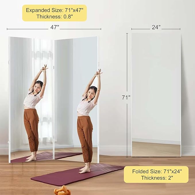 brisafe 360-Degree Folding Full-Length Mirror - 71"x47" Oversized Anti-Shatter Nano Film Mirror, Space-Saving Foldable Design for Home Gym/Yoga Studio,White, 60% Commercial Insurance Discount