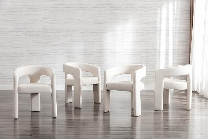 Set of 3 Modern Linen Fabric Upholstered Dining Chairs with Open-Back, Cute Barrel Side Chairs Kitchen Armchair Accent Chairs for Dining Room Bedroom, Ivory