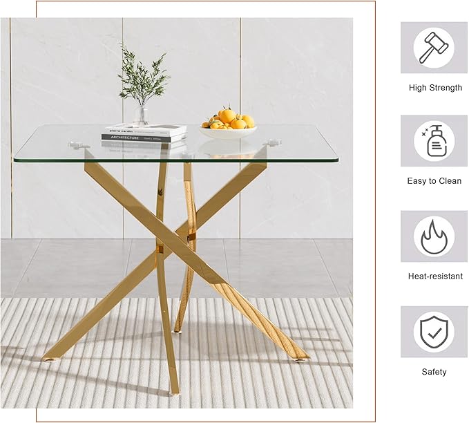 Goujxcy Glass Dining Table Set for 4, Modern Kitchen Table and Chairs Set of 4, 5-Piece Kitchen Dining Room Table Set w/36 Square Gold Glass Dining Table and 4 Black Velvet Upholstered Chairs