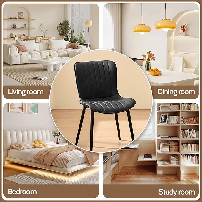 Modern Black Dining Chairs Set of 2, Heavy Duty Upholstered Side Chairs with Faux Leather, Comfortable Cushions & Durable Metal Legs with Adjustable Feet, Perfect for Kitchen, Dining Room