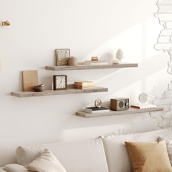 Floating Shelves for Wall, 1.5" Thick Wall Shelf Set of 3 with Invisible Brackets, L39.4 x W7.9 Hanging Book Shelves Farmhouse Home Decor for Bathroom, Living Room, Bedroom, Greige 10301BJP3BG