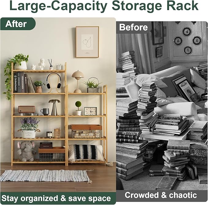 Bamboo Shelf, 5-Tier Bookcase Storage Shelves, Small Book Rack Shelving Unit, Multipurpose Storage Display Shelf for Bathroom Kitchen Living Room Office(5T- Natural)