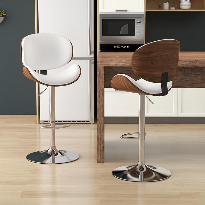 KCC Bar Stools, Swivel Adjustable Height Barstools, PU Leather Upholstered Bar Chairs with Footrest, Bentwood Bar Stool for Kitchen, Bar, Dining Room(White PU)