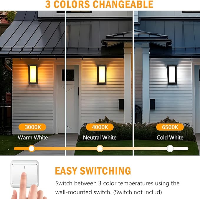wowlite Outdoor Wall Lights for House 2 Pack, LED Exterior Lighting Fixtures 3 Colors Changeable, Matte Black Outdoor Sconce Lights, IP65 Waterproof Front Porch Light for Garage Garden Patio