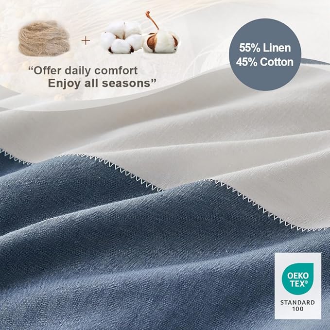 Simple&Opulence French Linen Duvet Cover Set with Stripe 88”x92”, 3 Pieces(1 Comforter Cover and 2 Pillow Shams) Rustic Natural Flax Cotton Blend(Queen,White and Navy)