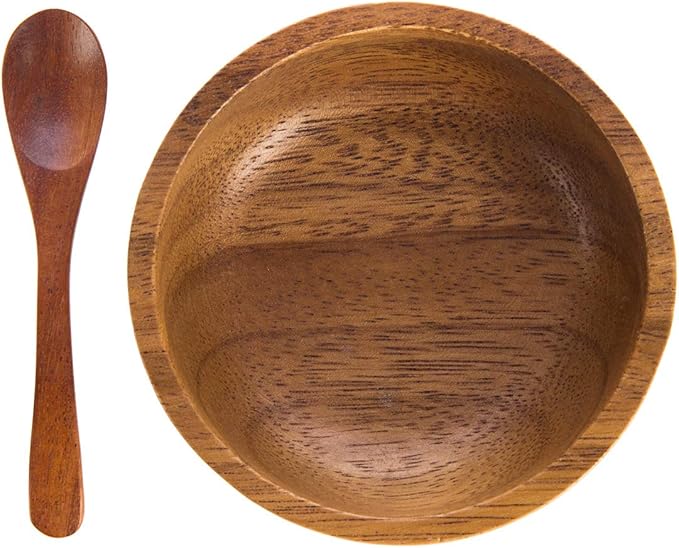 Set of 4 Small Round Acacia Wooden Bowls 3¾ Inch Diameter 1½" High With Spoons - Stackable Mixing Bowl Salad Soup Snack Dip Sauce Charcuterie Wood Tableware Sets for Decor and Serving