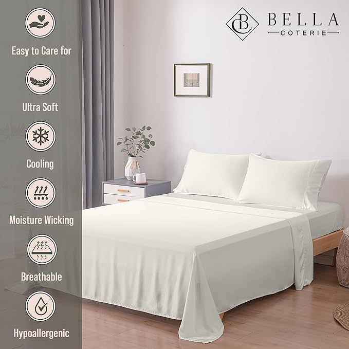 Bella Coterie Luxury Bamboo Viscose Full Size Sheet Set | 100% Organically Grown | Ultra Soft | Cooling for Hot Sleepers | 18" Deep Pocket [Ivory]