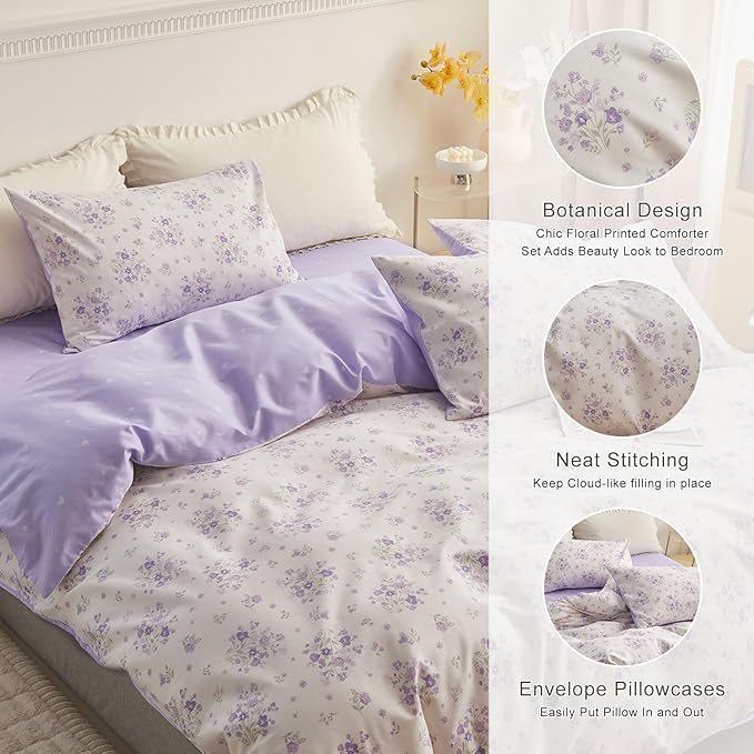 EAVD Vintage Purple Floral Comforter Set King White Soft Microfiber Garden Small Floral Bedding Comforter Set 1 King Comforter and 2 Pillowcases Fresh Botancial Comforter Set for All-Season