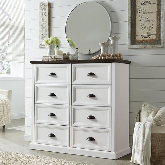 Farmhouse 8 Drawer Dresser for Bedroom, 39" Tall Dressers & Chests of Drawers, 42" Wide Dressers Organizer Storage, Wood Rustic Bedroom Dresser for Closet, Living Room, Hallway, White