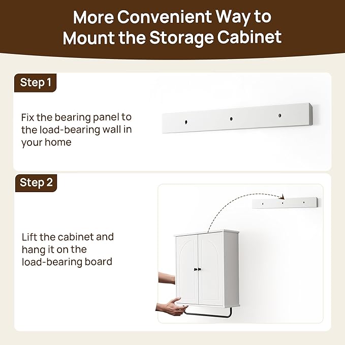 Bathroom Storage Cabinet with Adjustable Wood Shelves, Unique Arched Groove Design On The Door, Wall Mounted with Towels Bar, Over The Toilet Storage Cabinet with DTC Silent Buffering Hinge