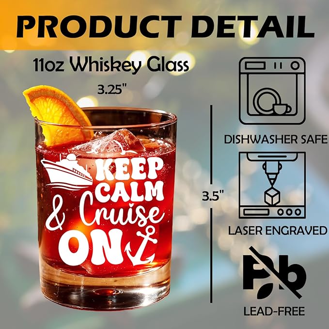Cruise Cruising Lovers Gifts Old Fashioned Whiskey Glasses, Nautical Gifts for Boaters, Keep Calm Cruise On 10 oz Rocks Barware Cup for Cocktail Drinks Scotch Bourbon Liquor