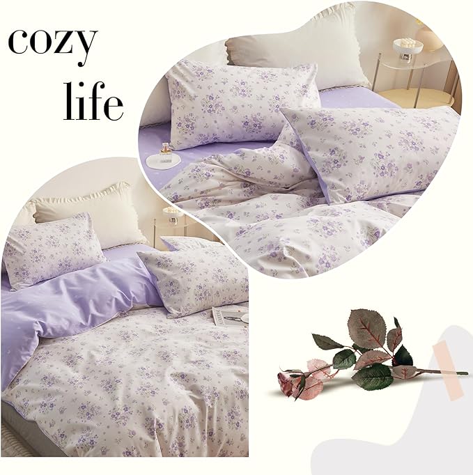 Purple Flower Duvet Cover Twin Soft Cotton Girls Floral Duvet Cover Garden Style Lavender Comforter Cover Vintage Purple Floral Bedding Set Aesthetic Botanical Comforter Cover with 2 Pillowcases