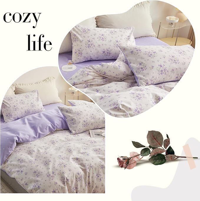 LifeTB Purple Floral Duvet Cover Twin XL Soft White 100% Cotton Chic Garden Floral Bedding Set Twin XL Aesthetic Girls Flower Comforter Cover Vintage Floral Botanical Duvet Cover with Zipper Closure