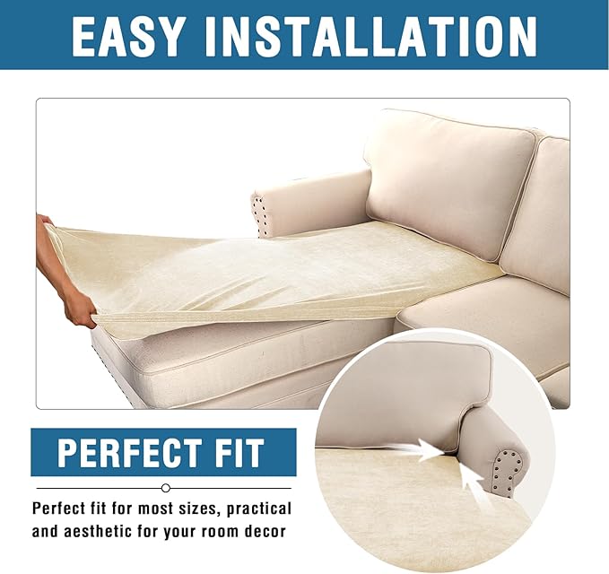 H.VERSAILTEX Stretch Sofa Cushion Covers Chenille Chaise Cushion Cover Thick Soft Sectional Couch Covers for L Shaped Sofa Both Left/Right All Seasons Universal(Chaise Cushion Cover,Beige)