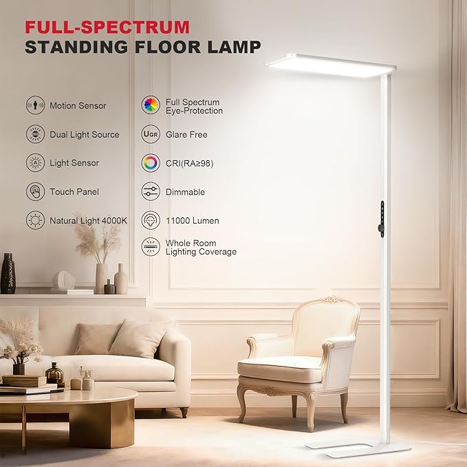 JINIU 79” Eye-Care LED Floor Lamp, Bridgelux Thrive™ Full-Spectrum Standing Lamp, 150W 11000LM, Dimmable 4000K Natural Daylight, Motion Sensor for Home Office, Playroom, Special Nightlight for Bedroom