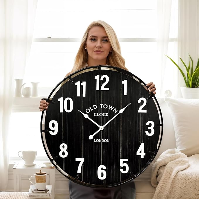 Large Old Town Farmhouse Black Wall Clock 30 Inch Rustic Antique Wood with Metal Circle and Large Numerals Silent Battery Operated Wall Clock for Office Kitchen Bedroom Living Room