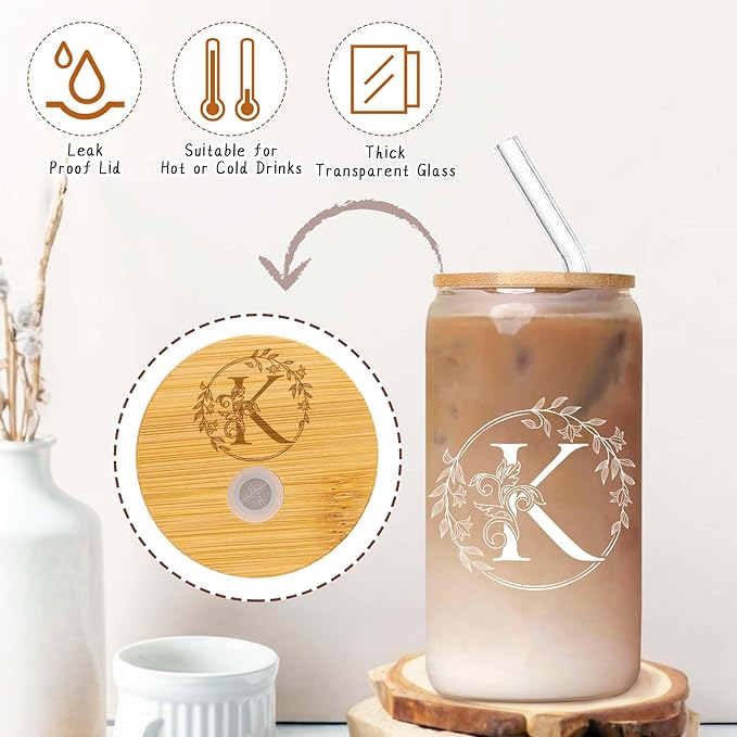Personalized Birthday Gifts for Women Initial Glass Cup with Engraving Cup Lid Unique Monogrammed Presents Customized Gifts for Women Personalized Presents Presents for Her Mom Friend Birthday