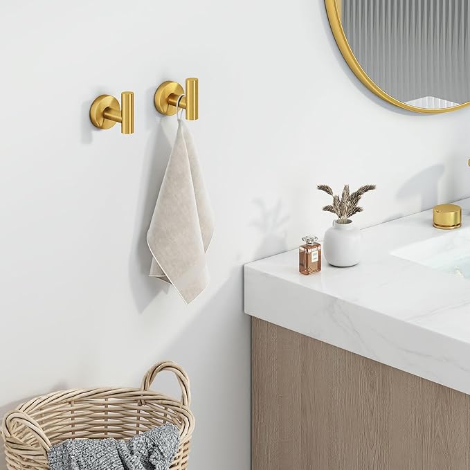 Angle Simple Bathroom Towel Hook 2 PCS, SUS304 Stainless Steel Bath Towel Robe Coat Holder, Heavy Duty Wall Hook, Brassy Gold