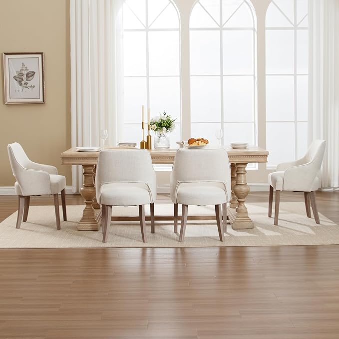 Linen Dining Chairs Set of 4 Upholstered Accent Chairs Side Chair with Wood Legs for Living Room/Dining Room/Bedroom/Restaurant, Upgraded Size, Cream