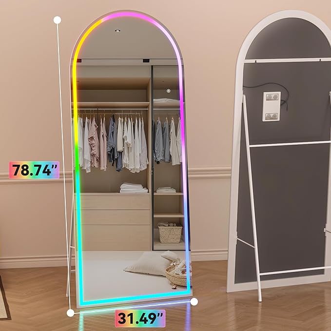 Hasipu 78.7" x 31.4" Arch LED RGB Bluetooth Full Length Mirror with Stand ＆ 7 Color Lighting Modes, Full Body Mirror with White Frame for Bedroom, Living Room, Dressing Room