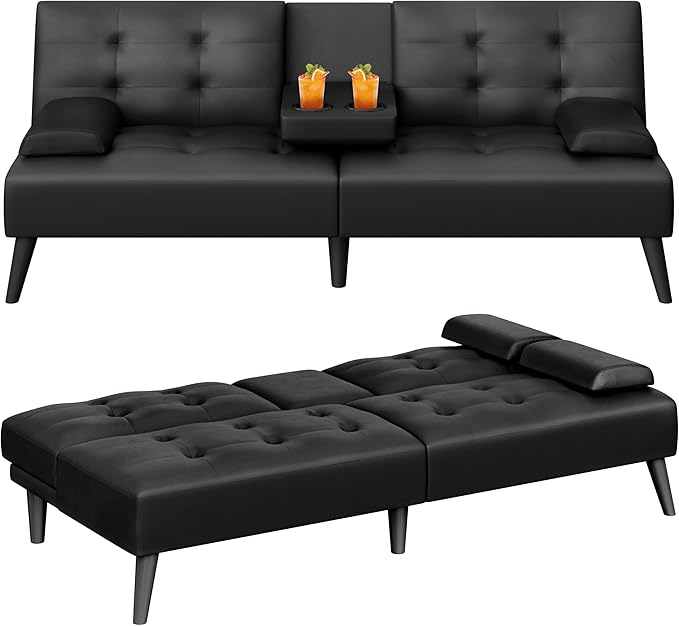 Meilocar Futon Sofa Bed Couch, Small Futon Set, Convertible Sofa Bed for Living Room Office, 2 Cup Holders, Removable Armrest, 3 Angles Backrest (PU Leather, Black)