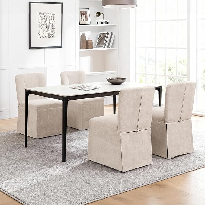 Upholstered Dining Chairs Set of 6, Kitchen Table Chairs, Modern Dining Room Chairs with Metal Frame & Linen Fabric, Beige