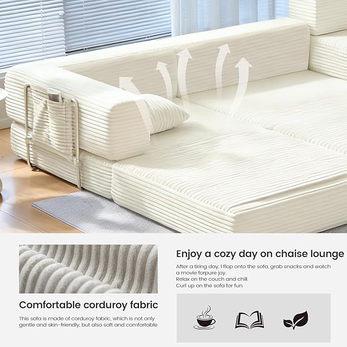 Folding Sofa Bed Convertable Corduroy Couch King Size Floor Sleeper 4-in-1 DIY Combination Modular Sofa Fold Out Futon Lounge Comfy Foldable Lazy cama for Living Room (Off-White)