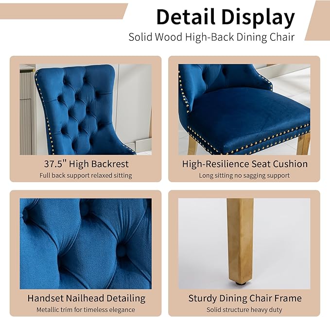 Luxury Upholstered Dining Chairs Set of 8, Blue Kitchen Chair with Golden Metal Legs, Velvet Tufted Back Dining Chair, Sillas de Comedor, Modern Kitchen & Dining Room Chairs (Blue, 8 Pcs)
