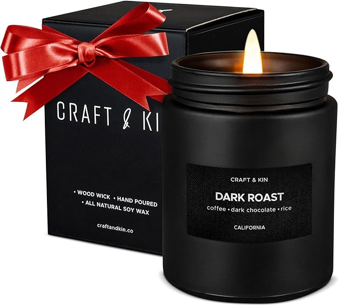 Craft & Kin Premium Dark Roast Coffee Candle | Black Christmas Scented Candles for Home | Long Lasting with 45 Hour Burn Time, 7.6oz | Soy Holiday Candle | Aromatherapy at Home | Gifts for Men