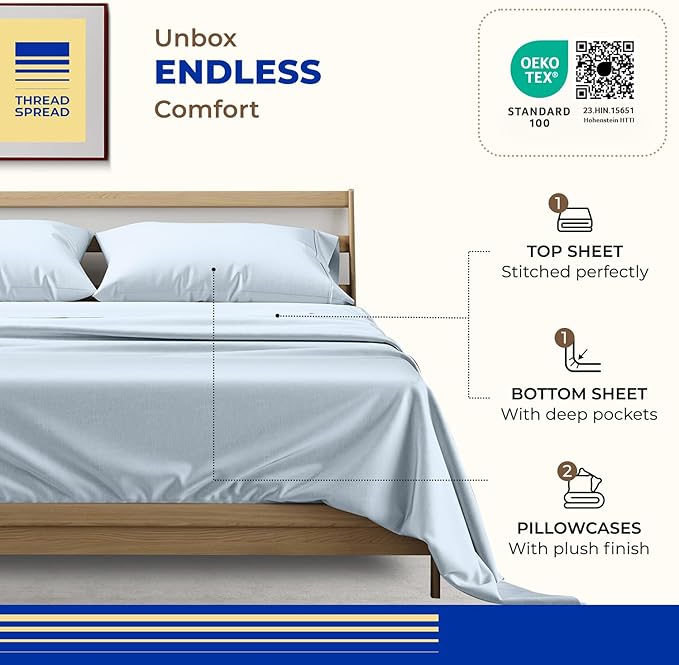 THREAD SPREAD 100% Egyptian Cotton King Size Sheets Set - High Thread Count Bed Sheets King Size Deep Pocket 16" (4 PC, Light Blue), Soft, Cooling, Extra Long Staple Sateen Luxury Hotel Sheet Set