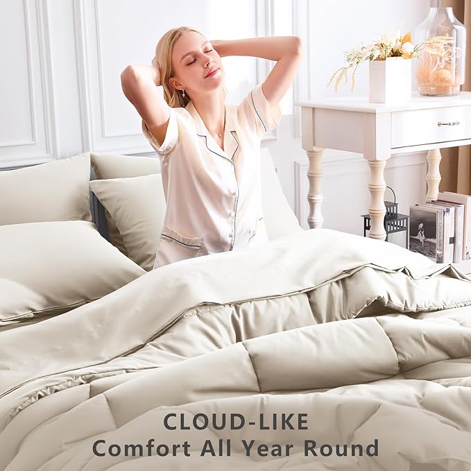 CozyLux King Size Comforter Set Beige, 7 Pieces Bed in a Bag, Beige Comforter King Size, All Season Bedding Sets with Stitch Quilted Comforter, Flat Sheet, Fitted Sheet, Pillowcases
