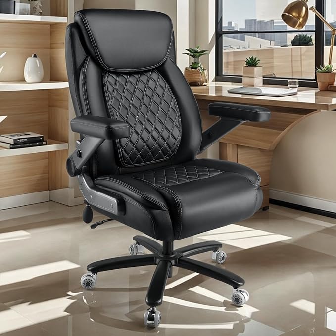 650LBS Big and Tall Office Chair with 5D Flip Arms and Thick Pocket Spring Cushion, Extra Wide Heavy Duty Office Chair with Adjustable Lumbar Support, Large High Back Computer Chair Dual Rubber Wheel