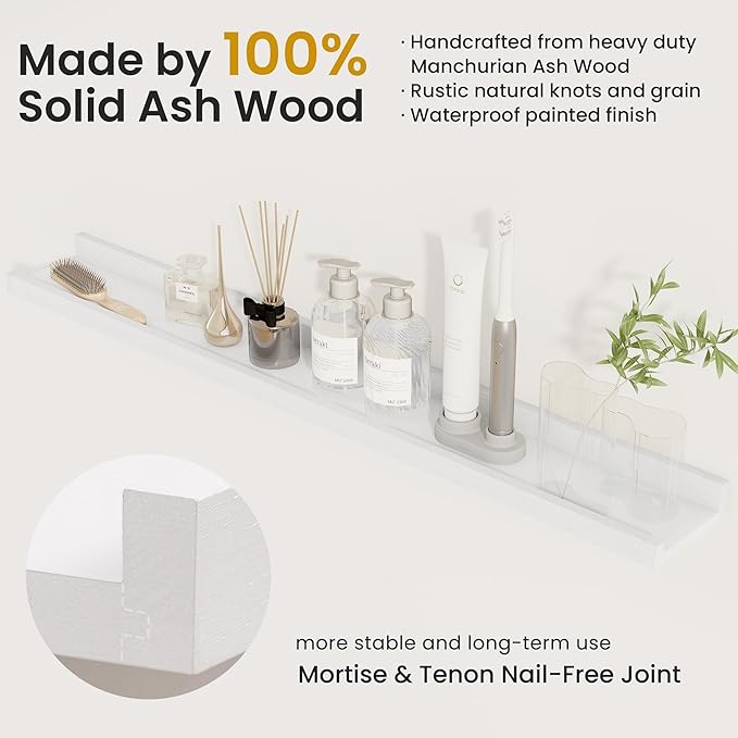 Solid Ash Wood Picture Ledge Shelf, 36 Inch Floating Shelves with Lip Set of 2, Photo Ledge Shelf Nursery Bookshelf Wall Mounted for Living Room Bedroom Decor, White